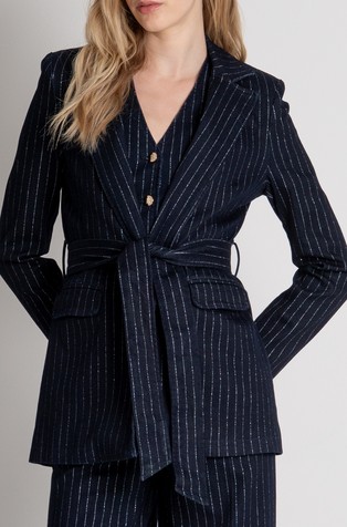 Blazer made in denim with lurex stripes and sash