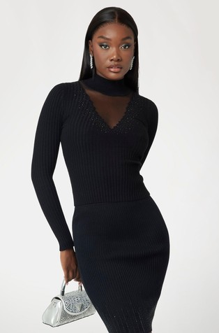 Rhinestone knit top with transparent insert