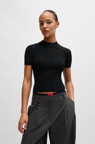 Mock-neck knit t-shirt with irregular ribbing