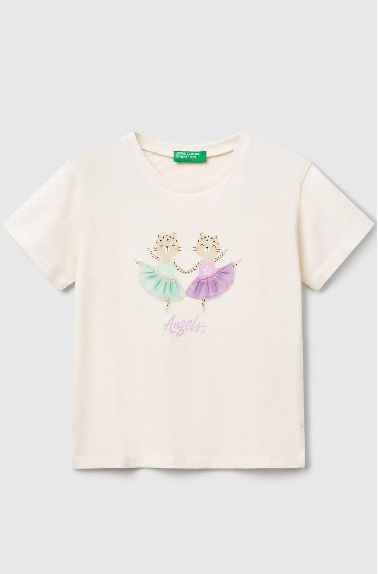 BENETTON Bombažna majica z reliefno aplikacijo Bela - Creamy White 