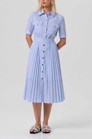 Midi srajčna obleka s plisiranim krilom in črtastim vzorcem