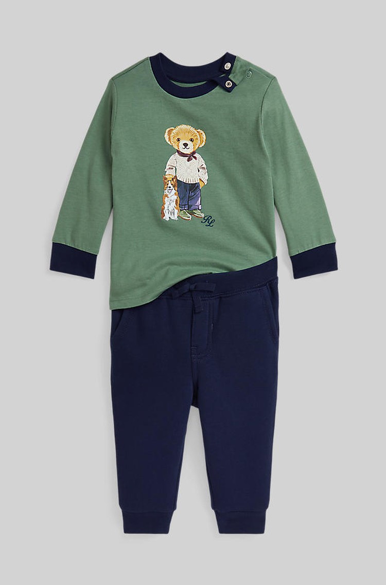 RALPH LAUREN Polo Bear Jersey Tee &amp; Fleece Pant Set Fatigue 