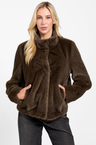 Faux fur jacket with stand up collar