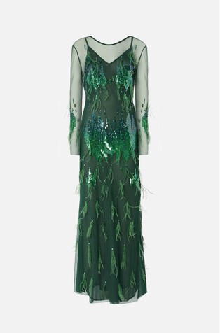 Dolga obleka z bleščicami in dekorativnim perjem