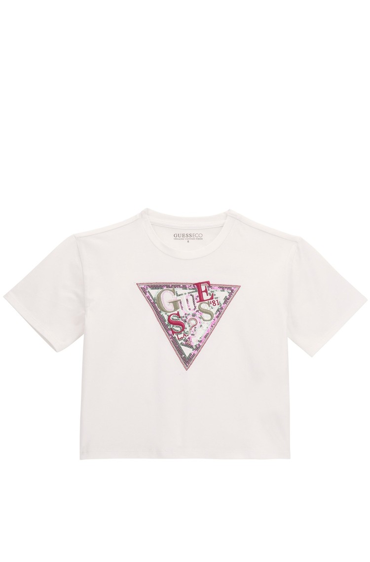 GUESS Triangle logo cropped  T-shirt with rhinestones White 
