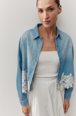 Denim shirt with lace trim
