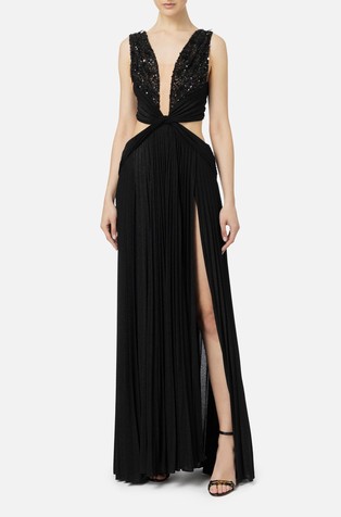Pleated red carpet dress in lurex jersey with rhinestones