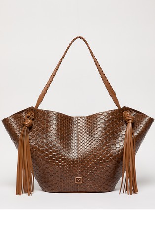 Large tote bag in coated fabric with embossed raptile pattern