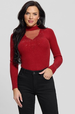 Rhinestone knit top with transparent insert