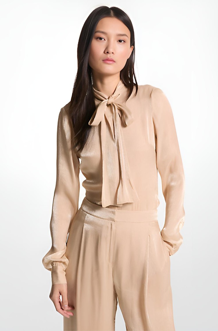 MICHAEL KORS Satin Tie-Neck Blouse Dune 