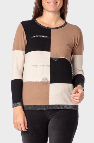 Pleten pulover z intarzijskim vzorcem in okrasnimi kamenčki