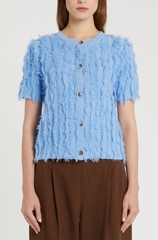 Pletena bombažna jopa s kratkimi rokavi in resastimi detajli