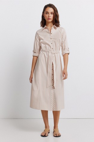 Midi srajčna obleka s črtastim vzorcem