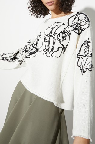 Pleten pulover iz bombaža in volne z vezenino