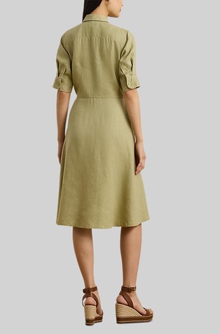 RALPH LAUREN Lanena srajčna obleka z zavezovanjem v pasu Zelena - Light Olive 2