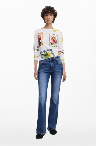 DESIGUAL Pleten pulover s tropskim potiskom Bela - White / Multi 3