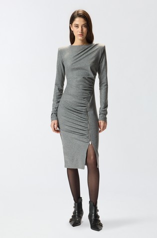 Slim fit midi obleka z drapiranimi detajli