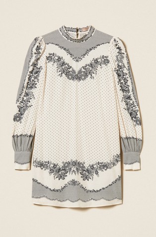 Jacquard satin short dress with floral and polka dot pattern