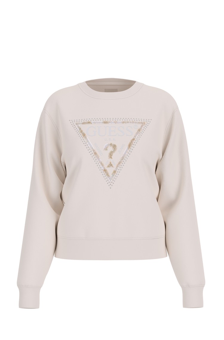 GUESS Pulover z vzorčastim triangel logotipom Bela - Cream White 