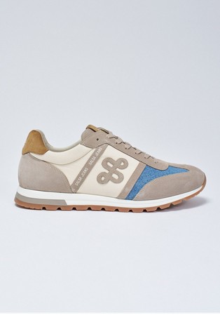 Leather trainers with denim inserts