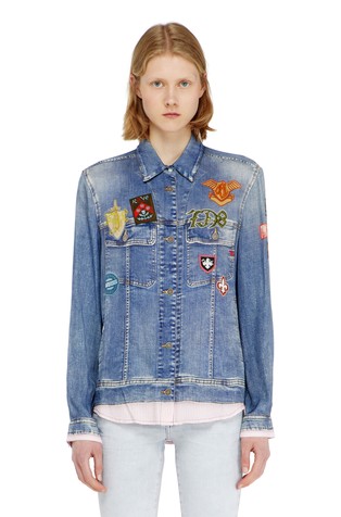 Satin shirt with trompe-l'oeil denim print
