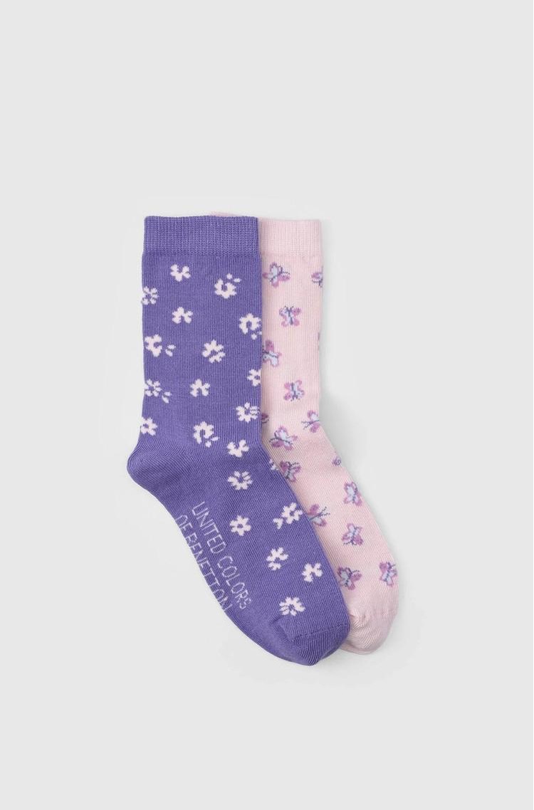 BENETTON Paket 2 parov logo nogavic Večbarvna - Purple / Pink 