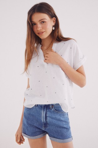 Vzorčasta bluza iz mešanice lana in bombaža