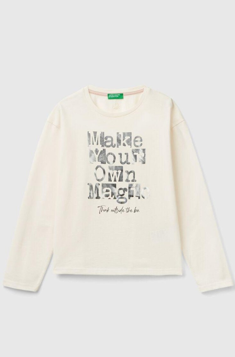 BENETTON T-shirt with glossy print Creamy White 