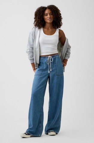 Ženske široke jeans hlače z elastičnim pasom