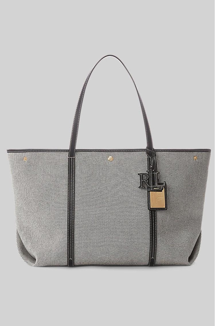 RALPH LAUREN Emerie večja platnena torba z usnjenimi obrobami Siva - Gray 
