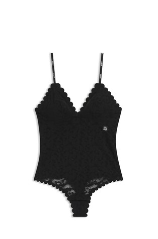 Scalloped-edge bodysuit in leopard-print lace