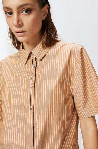 PINKO Striped cotton short-sleeved shirt Brown / White 4