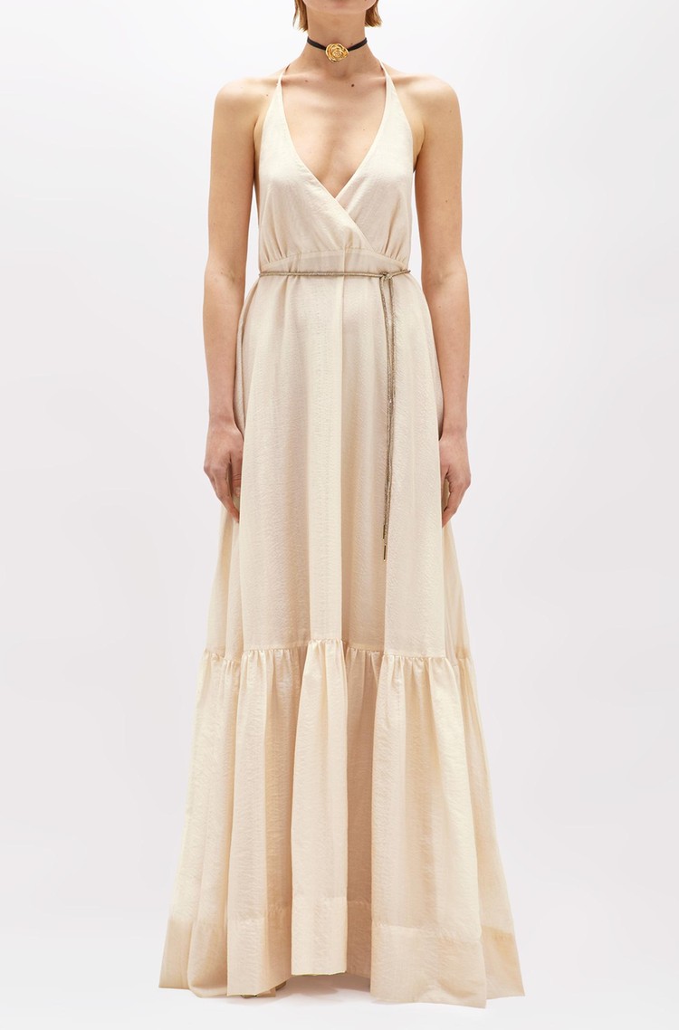 BLUGIRL Maxi dress with open back and shiny drawstring belt Beige 