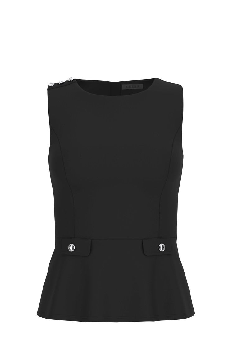 GUESS Top brez rokavov z zvončastim spodnjim robom Črna - Black 