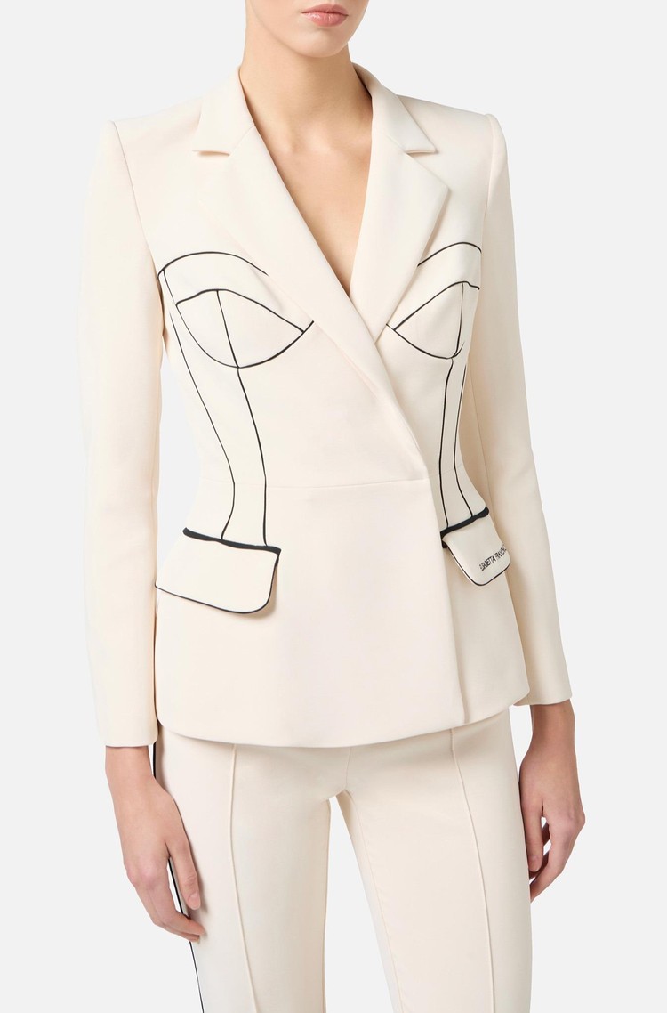 ELISABETTA FRANCHI Suknjič iz krep tkanine s kontrastnimi detajli Bež - Butter / Black 
