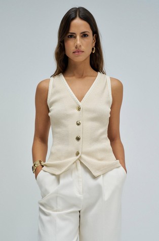 Pleten brezrokavnik s svetlečimi lureks vlakni