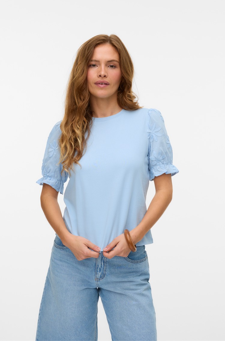 VERO MODA VMSENNA bombažna majica z napihnjenimi kratkimi rokavi Modra - Cashmere Blue 