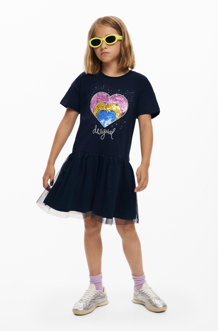 DESIGUAL Kratka obleka z bleščicami v obliki srca Modra - Blue 
