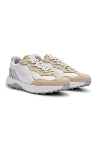 Leather lace-up trainers with mesh trims