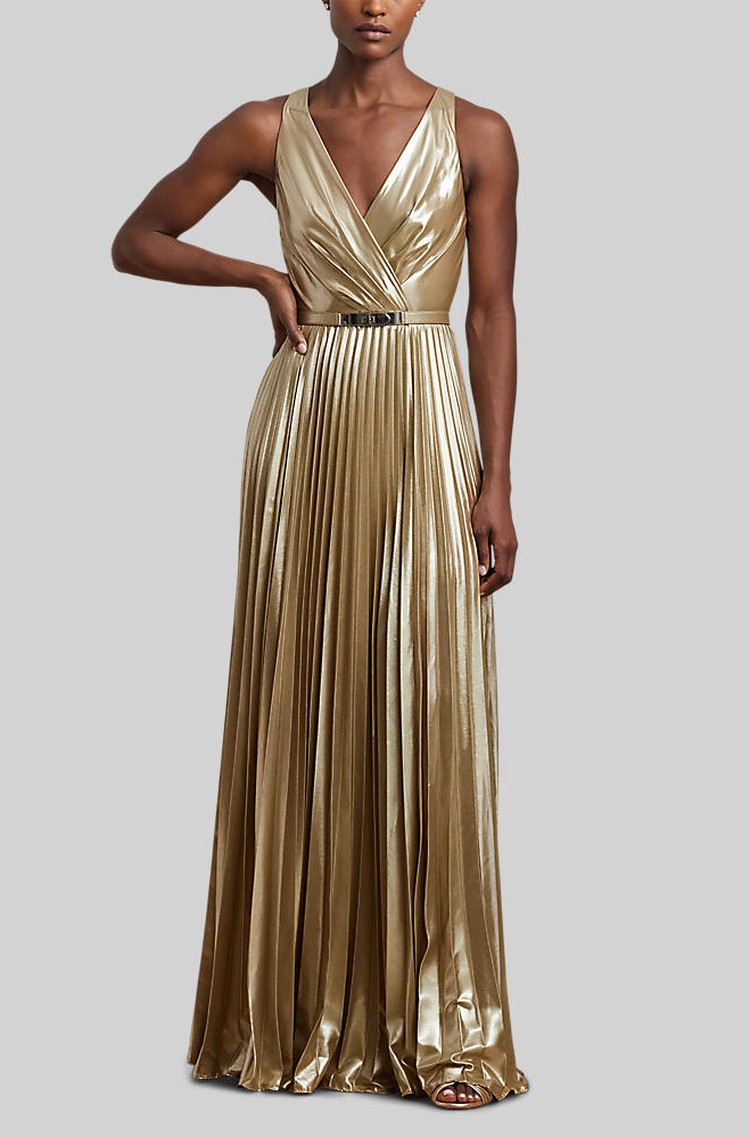 RALPH LAUREN Belted Metallic Chiffon Surplice Gown Tan/Lt Gold Foil 