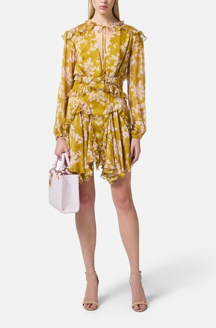 Silk voile floral print dress with ruffles