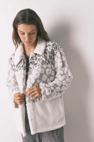 Color-block animal print faux shearling robe