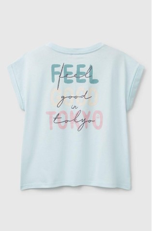 BENETTON Boxy fit majica z bleščečim potiskom Modra - Aqua 2
