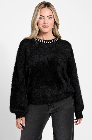 Pleten pulover z okrasnimi kamenčki okoli ovratnika