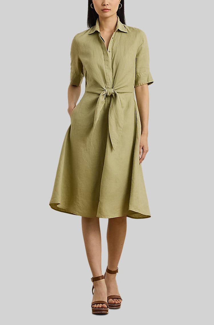 RALPH LAUREN Lanena srajčna obleka z zavezovanjem v pasu Zelena - Light Olive 