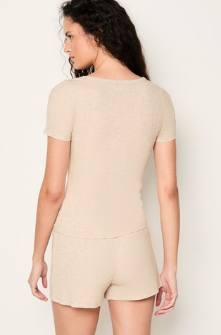 ETAM Colyn Short-sleeved Ribbed Cotton Blend T-shirt Beige 2