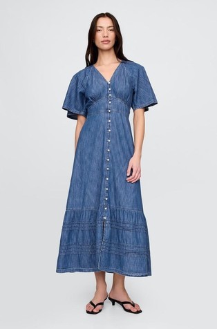 Flutter-Sleeve Tiered Maxi Dress