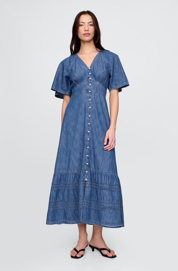 GAP Ženska dolga obleka z naborkom in plapolajočimi rokavi Modra - Medium Wash 