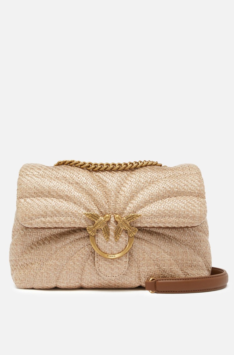 PINKO Love Bag Puff Quilted Raffia Shoulder Bag Beige / Gold 