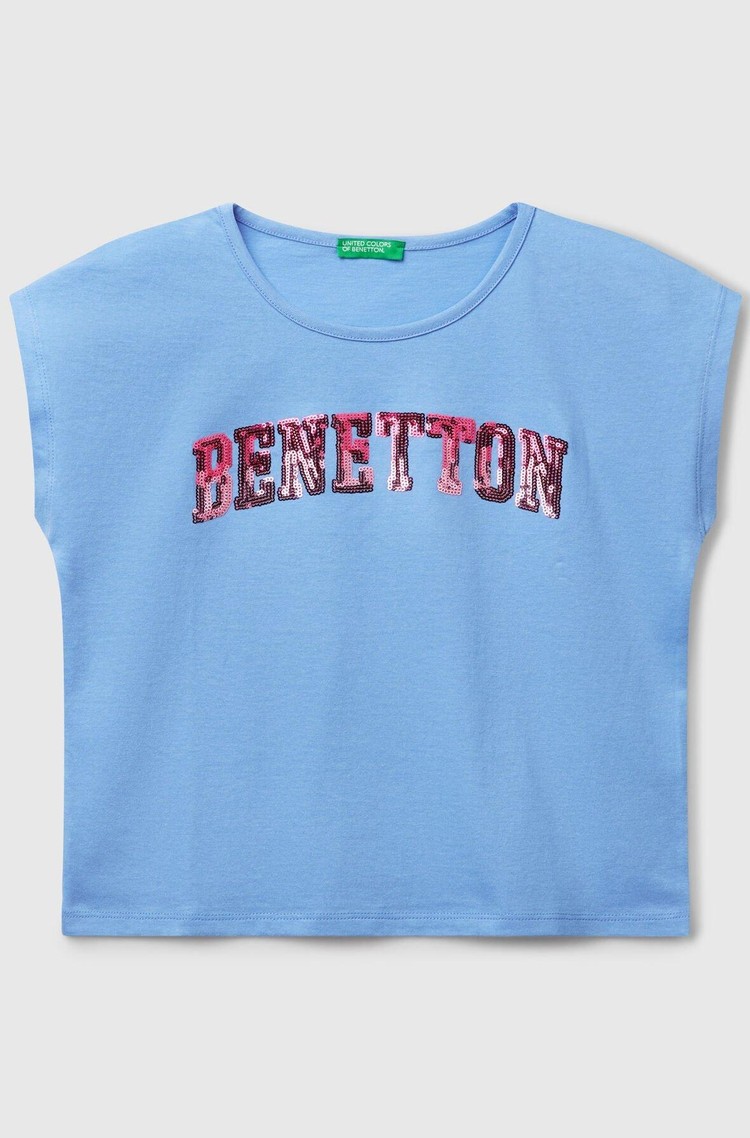 BENETTON Majica brez rokavov z logotipom iz bleščic Modra - Sky Blue 